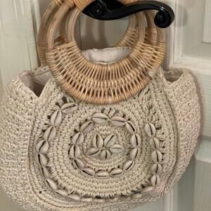 Sigrid Olsen weaved bag with rattan handles and shells